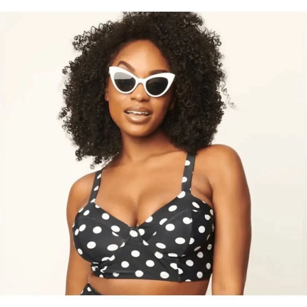 Unique Vintage Marlene Swim Top | M | Black Polka Dot | Bikini | Lace-Up Back
